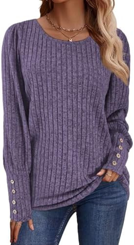 Lylinan Womens Ribbed Knit Long Sleeve Tops Casual Button Cuff Pullover Sweaters Blouses S-XXL | Amazon (US)