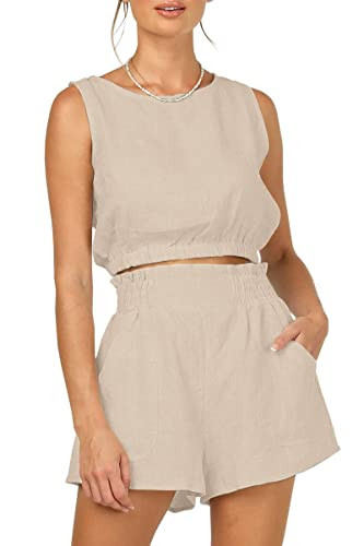 Trendy Queen Womens Vacation Summer Outfits 2 Piece Sets Two Piece Set Matching Sleeveless Tank Top High Waisted Shorts with Pockets Beige S | Amazon (US)