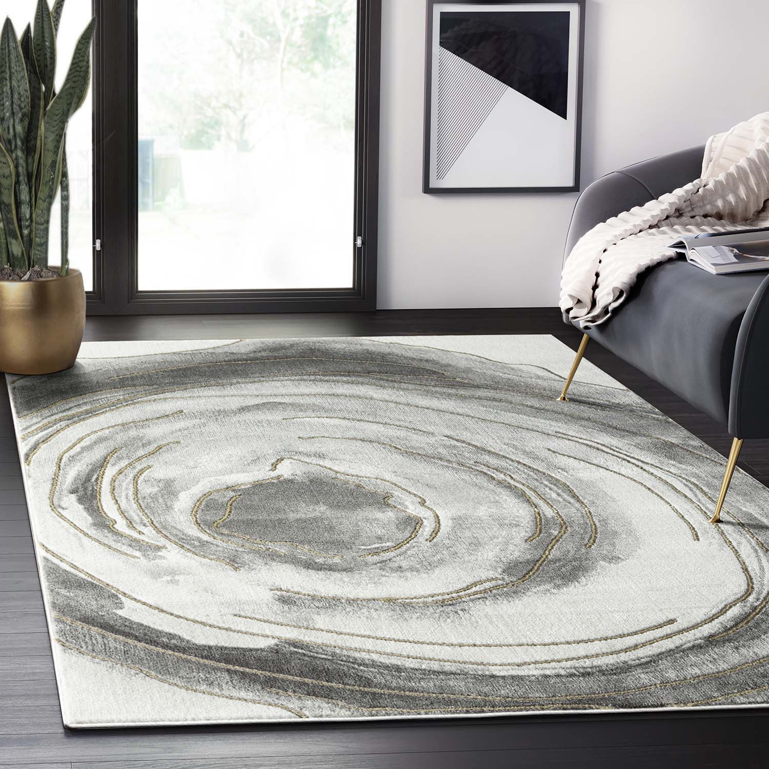 Abani Rugs Luna 6 x 9 (ft) Loomed Polypropylene Grey/Gold Rectangular Indoor Abstract Spot Clean Only Area rug in Gray | LUN310A-6 | Lowe's