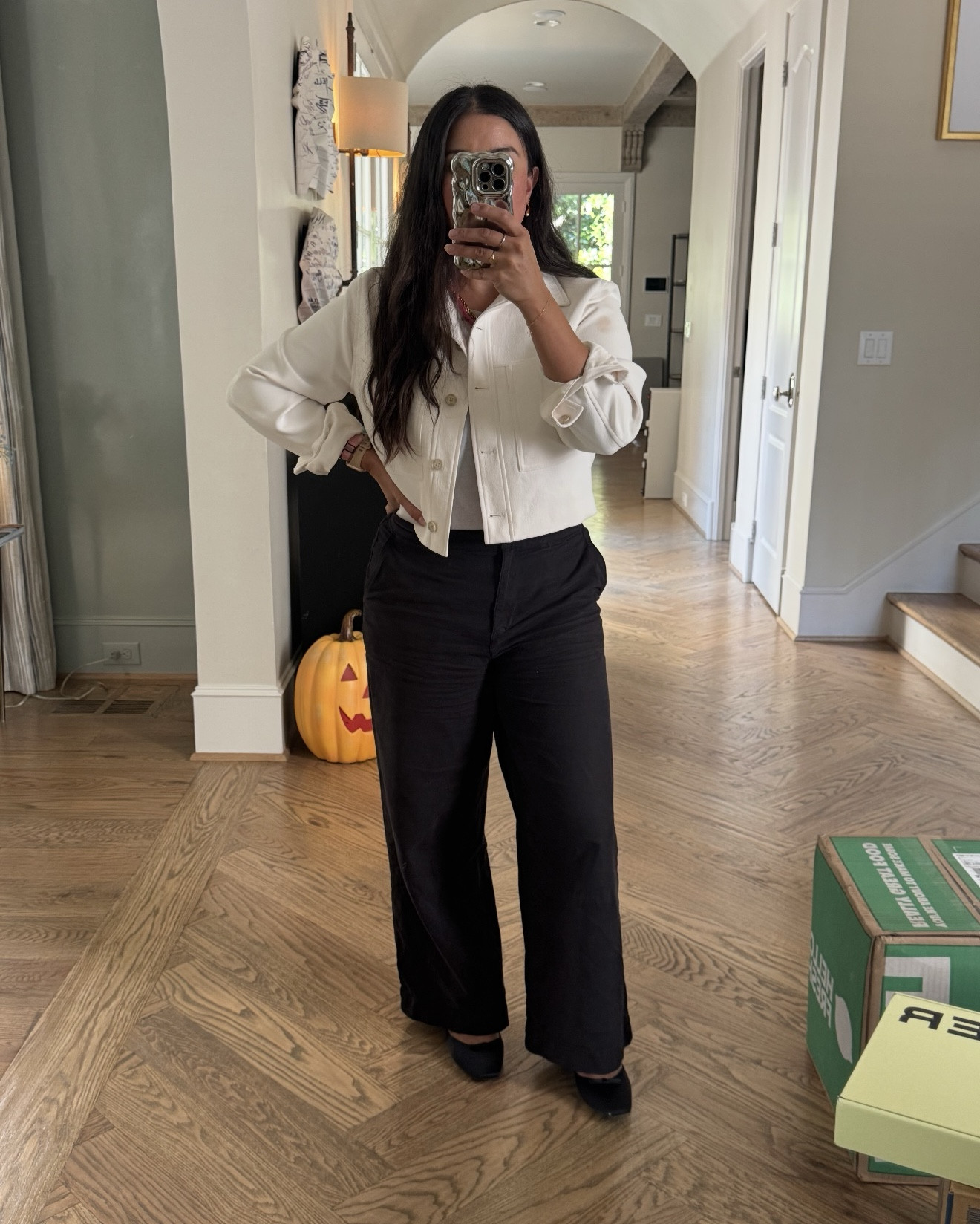 OOTD! Couldn’t link exact pants & flats, but I tagged similar! 🤍