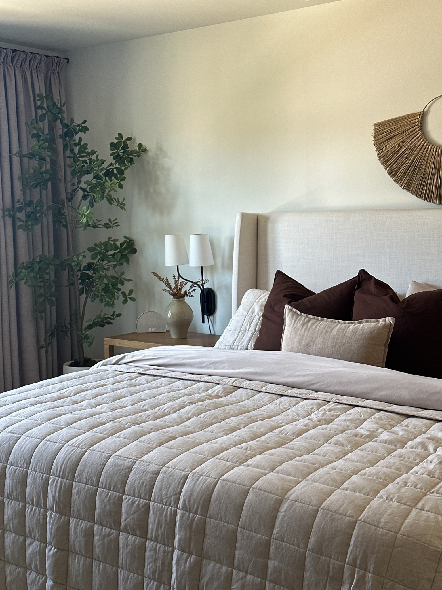 Soft white and cream
Bedroom 🤍
Beige quilt, brown pillows, brown curtains 

#LTKHome