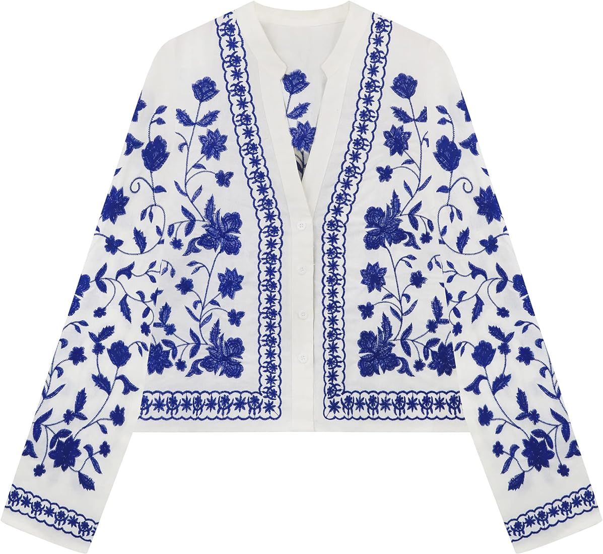 R.Vivimos Women's Summer Fall Cotton Long Sleeves Button Down Floral Embroidery Casual V-Neck Coa... | Amazon (US)