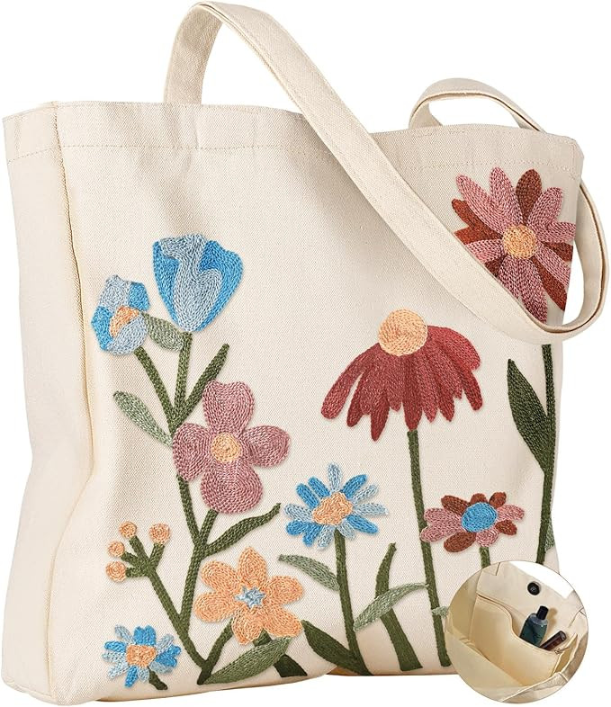 Embroidery Tote Bag with Pocket & Buckle - Reusable Canvas Tote for Women Cute Aesthetic Work Sho... | Amazon (US)
