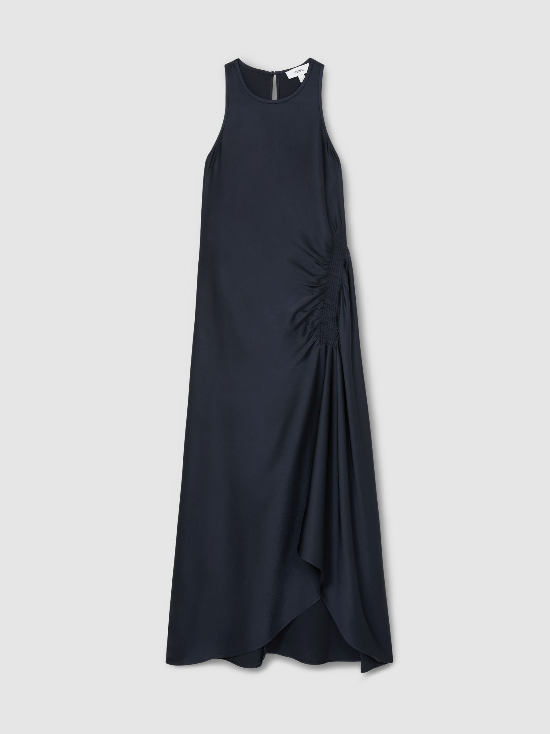 Reiss Satin Shirred Midi Dress in Navy - REISS | Reiss UK