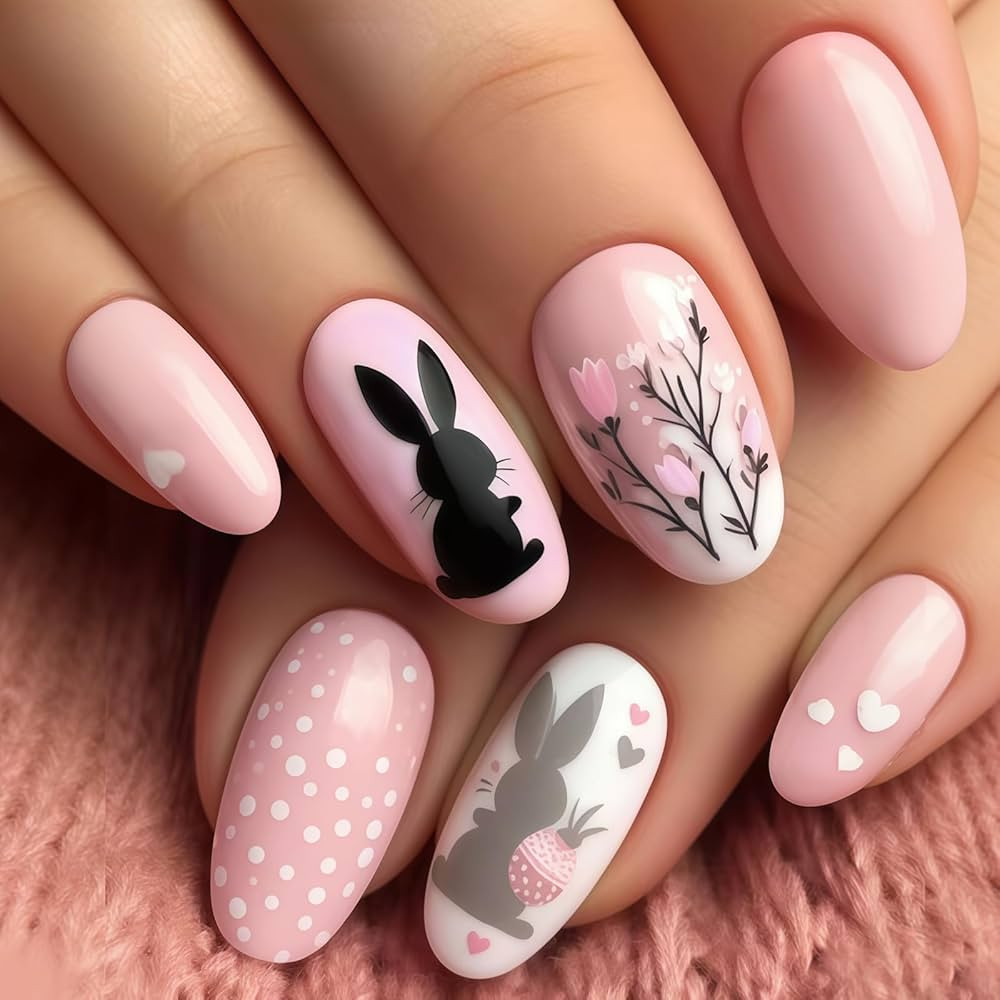 Pink Easter Press on Nails - Medium Oval Fake Nails with Cute Rabbit | Flower | Heart Designs Fal... | Amazon (US)