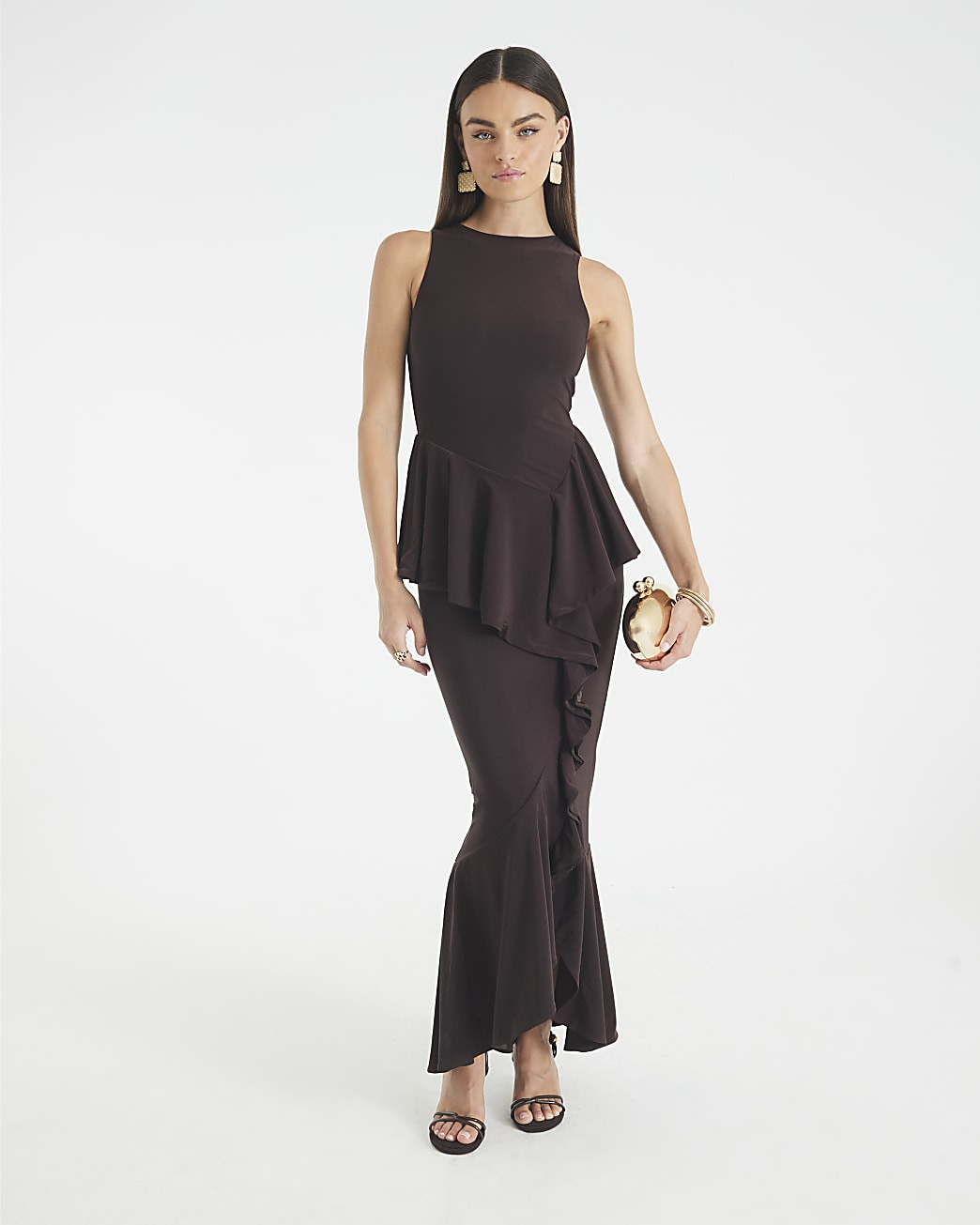 Brown Sleeveless Ruffle Front Maxi Dress | River Island UK & IE