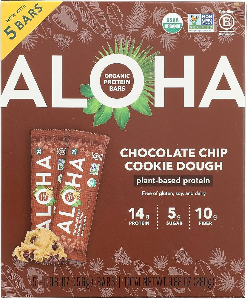 ALOHA Organic Plant Based Protein Bars, Chocolate Chip Cookie Dough, 1.98-Ounce Bars, (Pack of 5) | Amazon (US)