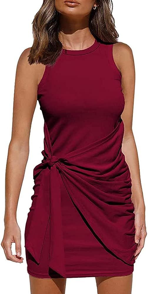 IHOT Women Crew Neck Casual Sleeveless Ruched Tank Stretchy Bodycon Tie Waist Dress 2021 Short Mi... | Amazon (US)