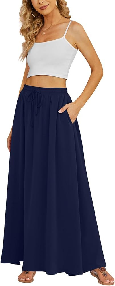 Yincro Women's Flowy Maxi Skirt Summer Pleated High Waisted Casual Long Skirts with Pockets | Amazon (US)