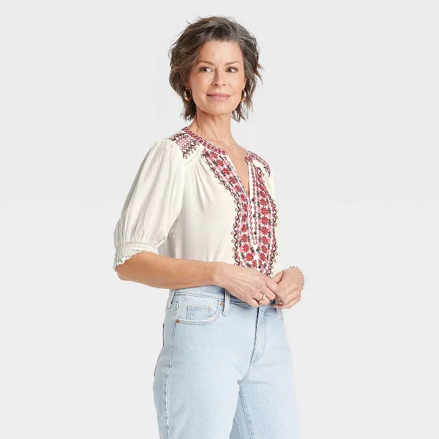 Women's Short Sleeve V-Neck Button-Front Embroidered Top - Knox Rose™ Ivory S | Target