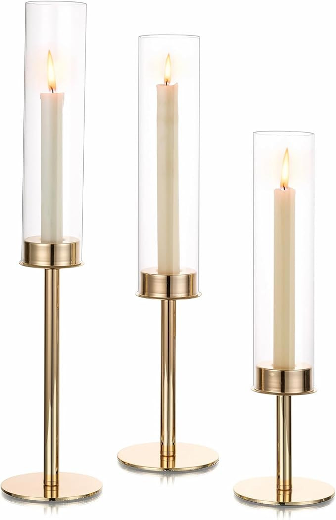 Hewory Gold Candle Holders Hurricane Candlestick Holders, 3Pcs Candle Stick Candle Holder Candela... | Amazon (US)