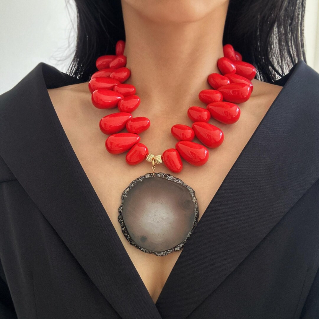 Statement Red Beaded Necklace With Large Black Agate Pendant, One of a Kind, Vintage Style Agate ... | Etsy (US)