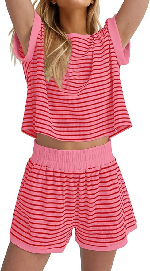 MISSACTIVER 2 Piece Lounge Set Women Stripe Knit Short Sleeve Tee Shirts Shorts Casual Summer Lou... | Amazon (US)