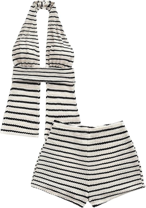 Milumia Women's 2 Piece Outfit Textured Split Backless Y2k Halter Top and Shorts Set | Amazon (US)