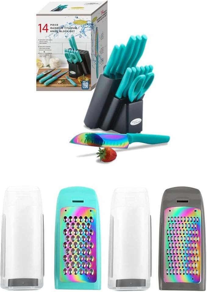 KYA27 Rainbow Color Cutlery Knife Set with Wooden Block + Marco Almond MA63 Graters for Kitchen | Amazon (US)
