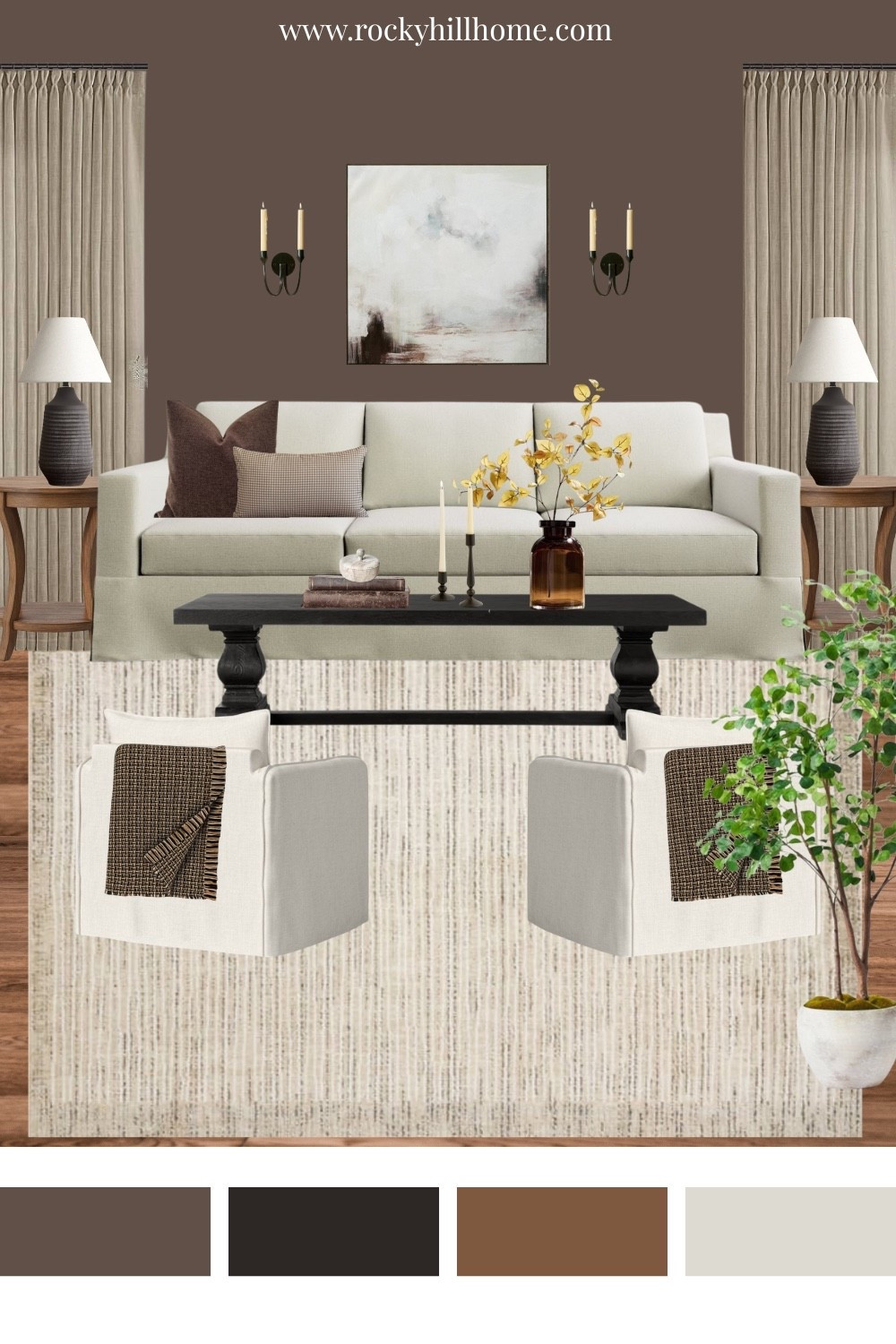 Cozy Transitional Living Room Mood Board with Benjamin Moore Van Buren Brown walls. Featuring a Pottery Barn slipcovered sofa, candle sconces, Target Berea Lounge Chairs, Arhaus coffee table on sale, Target lamps, side tables, Studio McGee large art, brown throw, ficus tree, and Hearth and Hand Amber Vase
See rockyhillhome.com for more moody paint color inspiration 

#LTKHome #LTKStyleTip #LTKSaleAlert