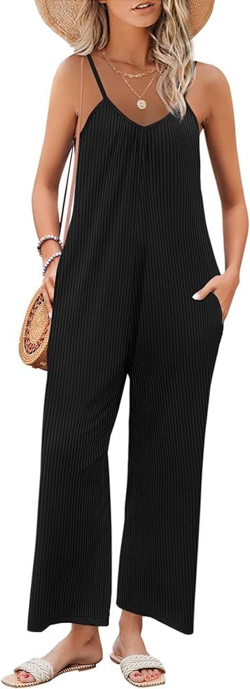 Ekouaer Women Sleeveless Jumpsuits Knit Ribbed Adjustable Spaghetti Strap Loose Long Pants Romper... | Amazon (US)