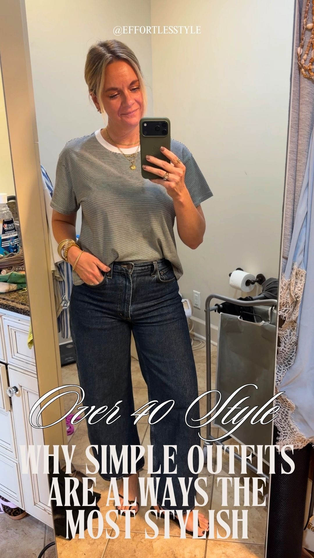 OOTD for a casual client appointment this weekend ✨ Striped tee + dark wash wide leg denim + simple black sandal. All from my own closet — linked the closest versions I could find. Everything shoppable below! 👇

#LTKdayinmylife #LTKootd #LTKOver40