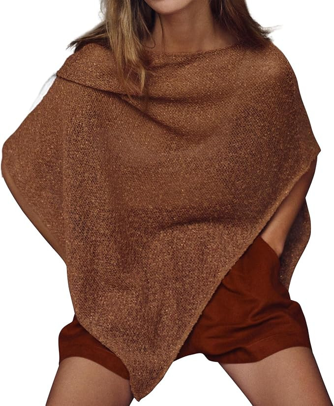 Womens Metallic Knit Top Batwing Sleeve Loose Drape Pullover Beach Shawl | Amazon (US)