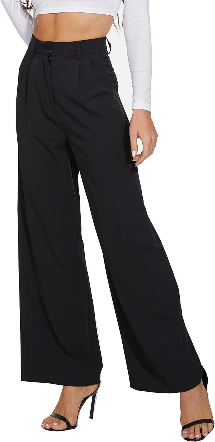 FUNYYZO Women's Wide Leg Work Pants High Waist Long Straight Trousers Causal Pants with Pocket Bl... | Amazon (US)