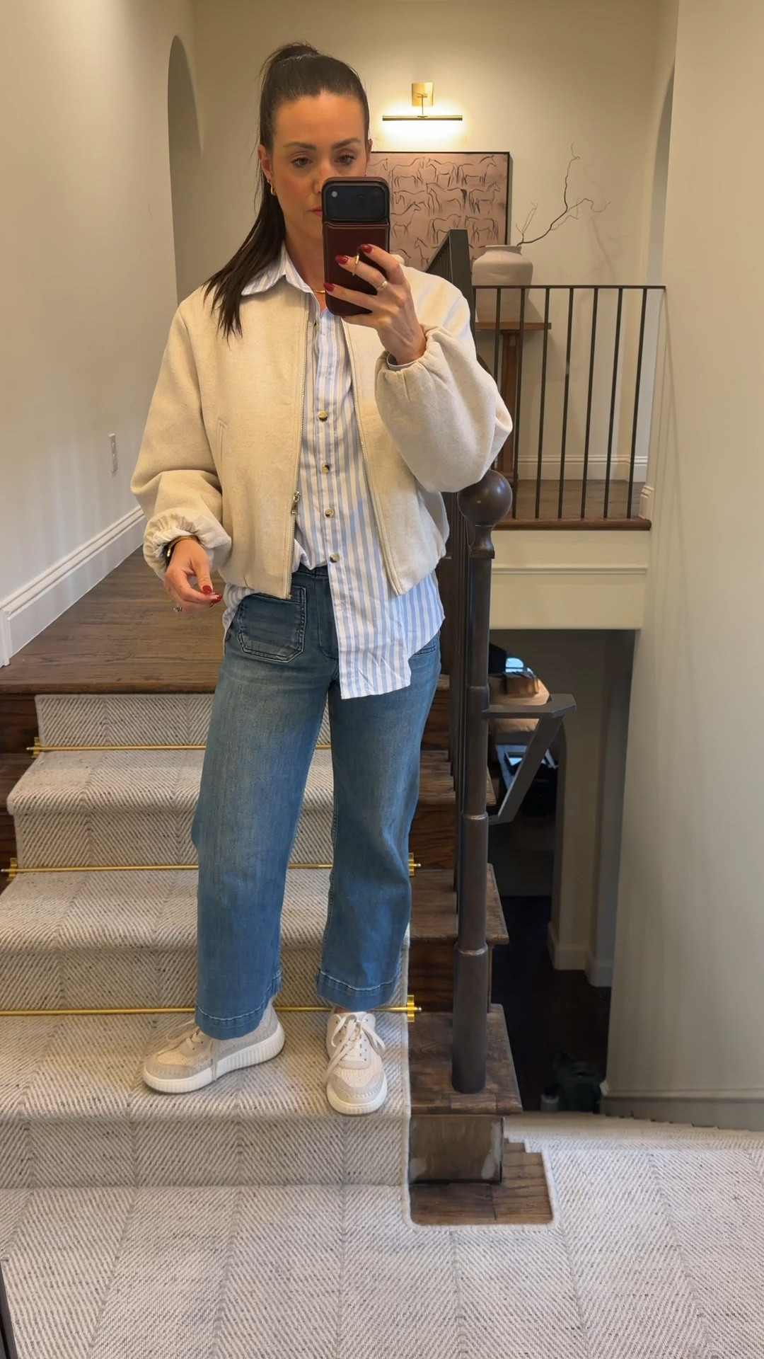 Spring Amazon look! I have this stripe button down in several colors and loving them this season! My fav. My all time favorite Amazon jacket, bubble cuffs are perfect touch. 

#LTKSeasonal #LTKOver40 #LTKootd