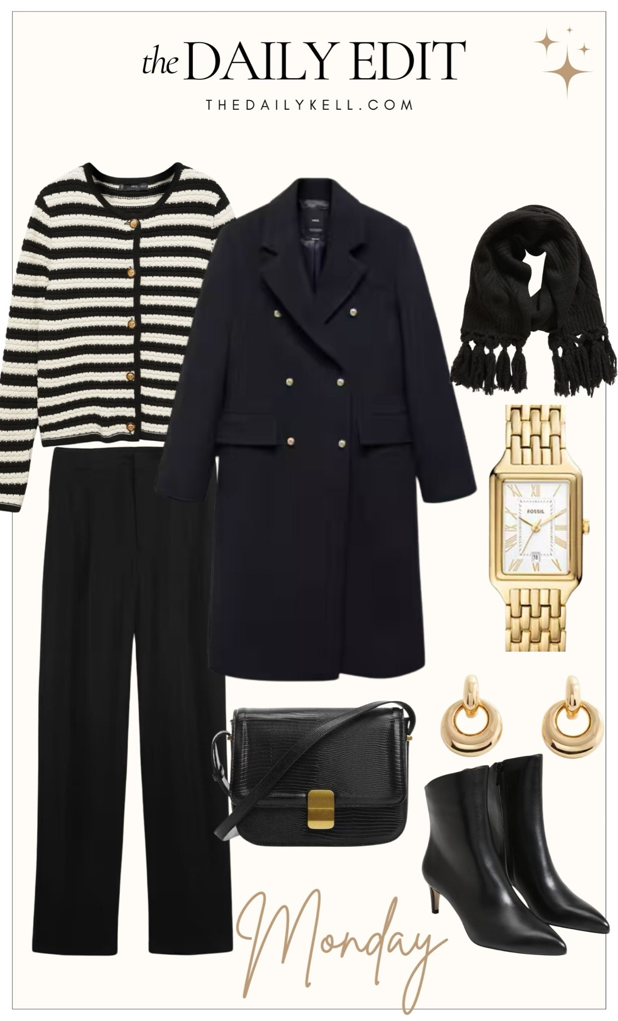 Monday’s look is all about comfortable sophistication with this classic outfit.  

This black and white striped sweater with gold button detail plays off of the gold details on the coat and handbag along with the jewelry.  Looking finished off with a great black leather bootie.  

#LTKstyletip #LTKover40 #LTKSeasonal