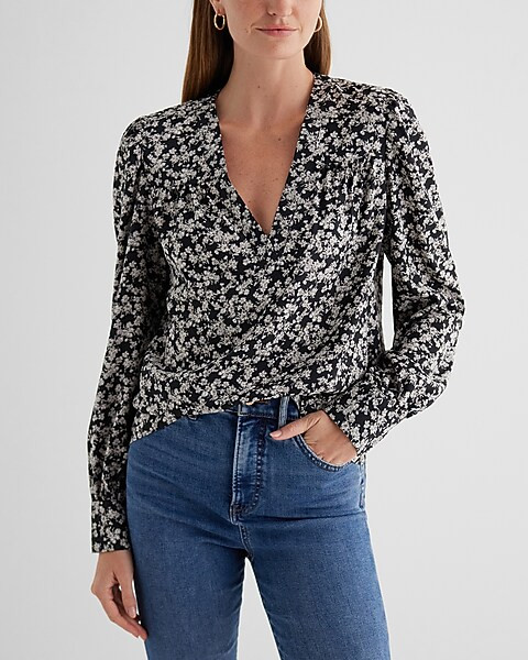 Satin Floral V-Neck Cuff Sleeve Top | Express