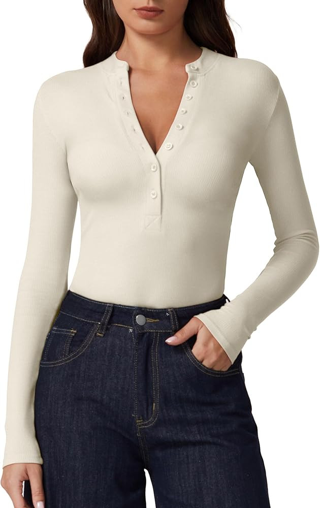 QINSEN Button Down Shirts for Women V Neck Long Sleeve Ribbed Knit Slim Fit Basic Tee Tops | Amazon (US)