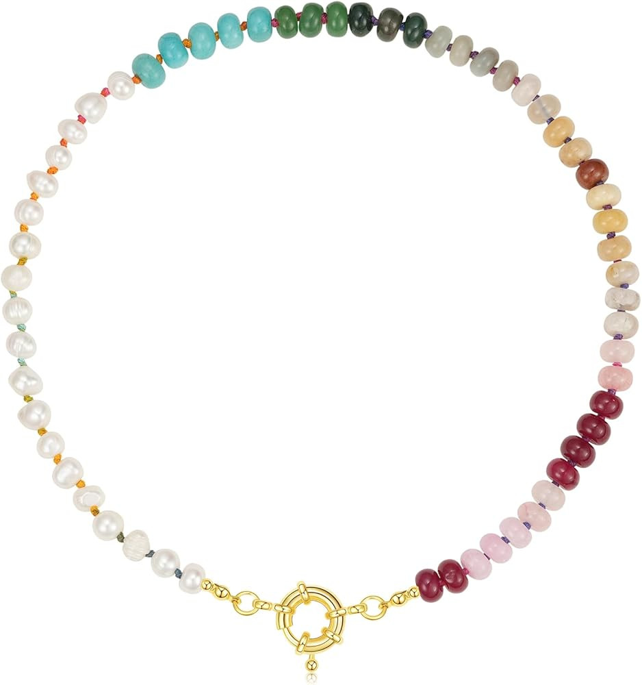 KissYan Beaded Gemstone Necklace for Women, Colorful Boho Bead Choker Necklace Natural Stone Fres... | Amazon (US)