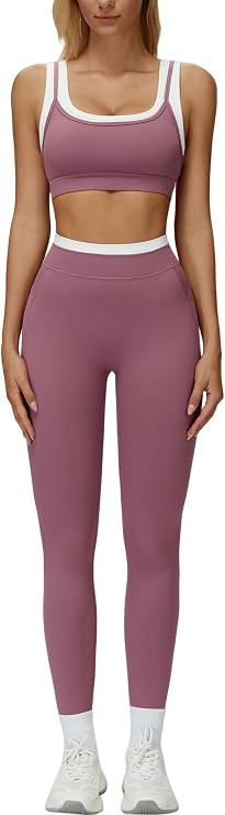 Womens Workout Set Two Piece U Back Color Block Sports Bra Matching High Waist Leggings Gym Pilat... | Amazon (US)