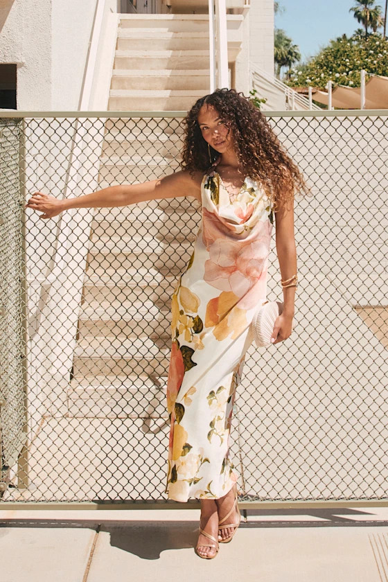 Diane White Multi Floral Cowl Maxi Dress | Lulus