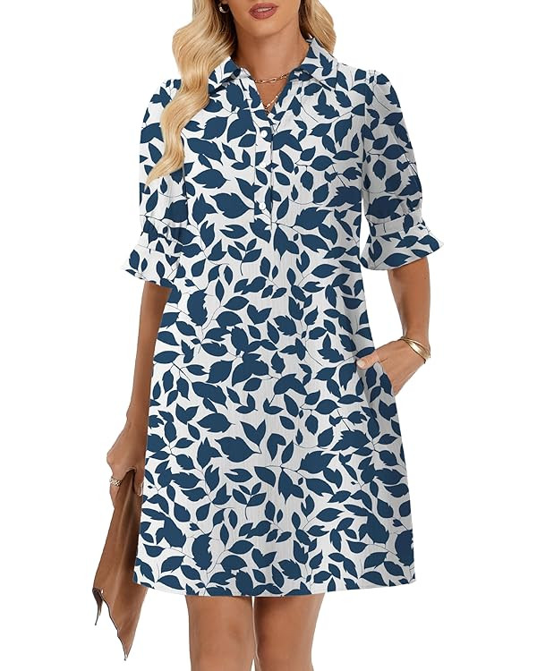 FENSACE Womens Casual Shirt Dress Ruffle Sleeve Button Down Shift Summer Dresses with Pockets | Amazon (US)