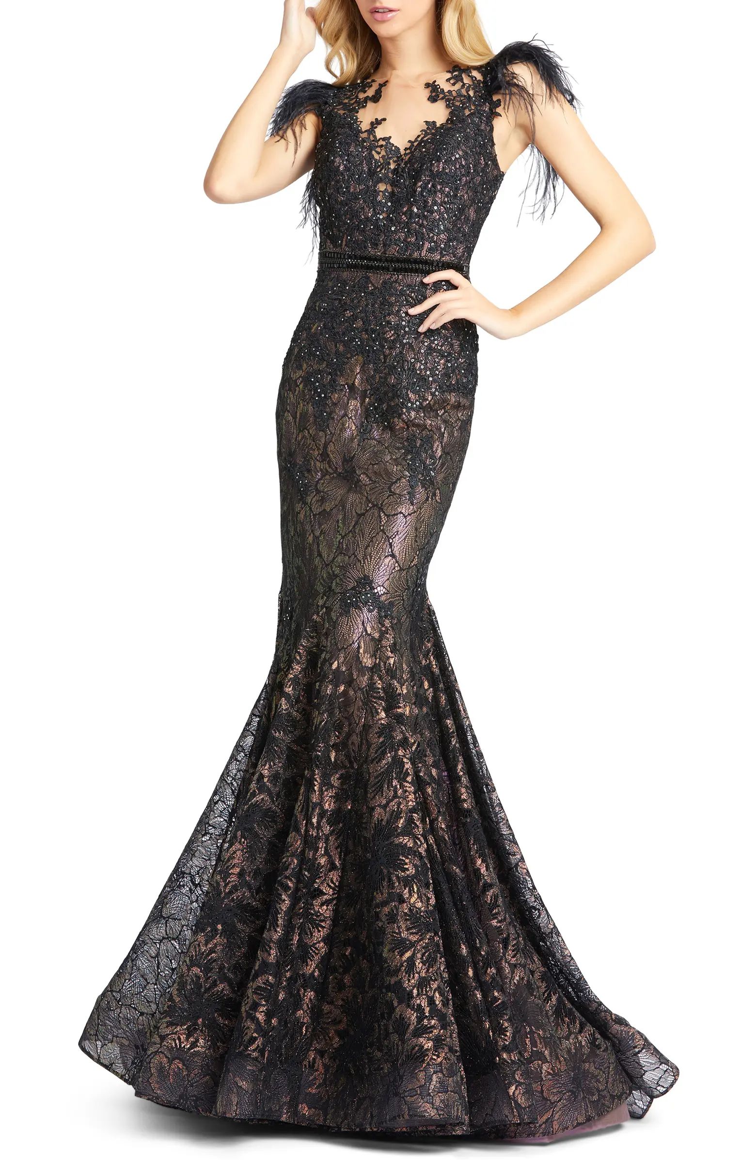 Illusion Sequin Lace Feather Sleeve Mermaid Gown | Nordstrom