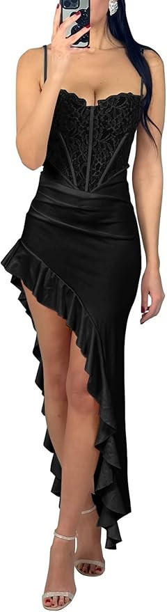 Spaghetti Strap Prom Dress with Ruffle Slit Sweetheart Lace Formal Maxi Dresses Bodycon Wedding G... | Amazon (US)