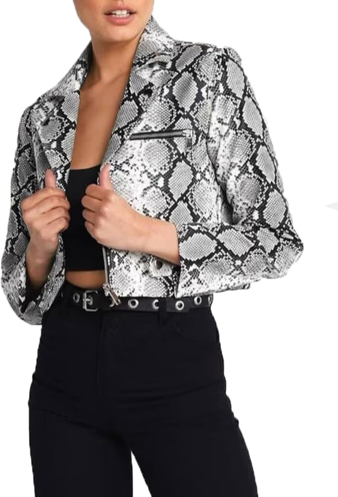 Womens Fashion Snakeskin Print Textured Biker Faux Leather Jacket | Amazon (US)