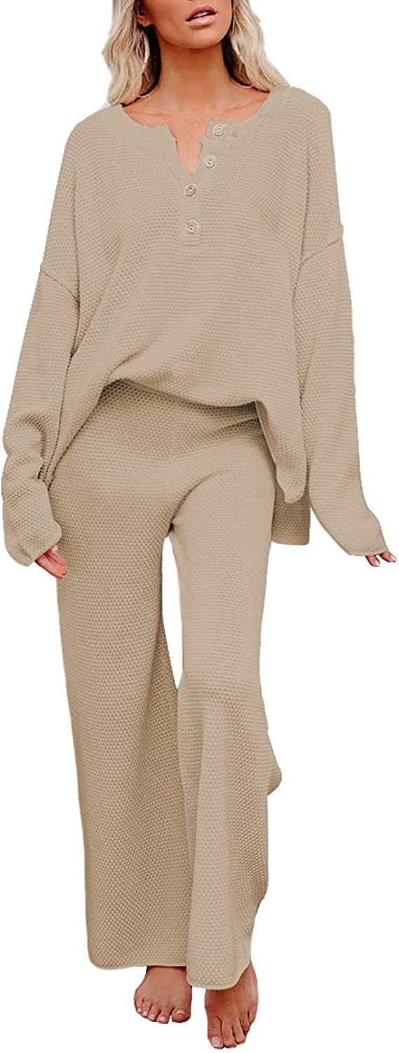 Viottiset Women's 2 Piece Outfits Sweatsuit Knit Long Sleeve Sweater Wide Leg Pants Loungewear | Amazon (US)