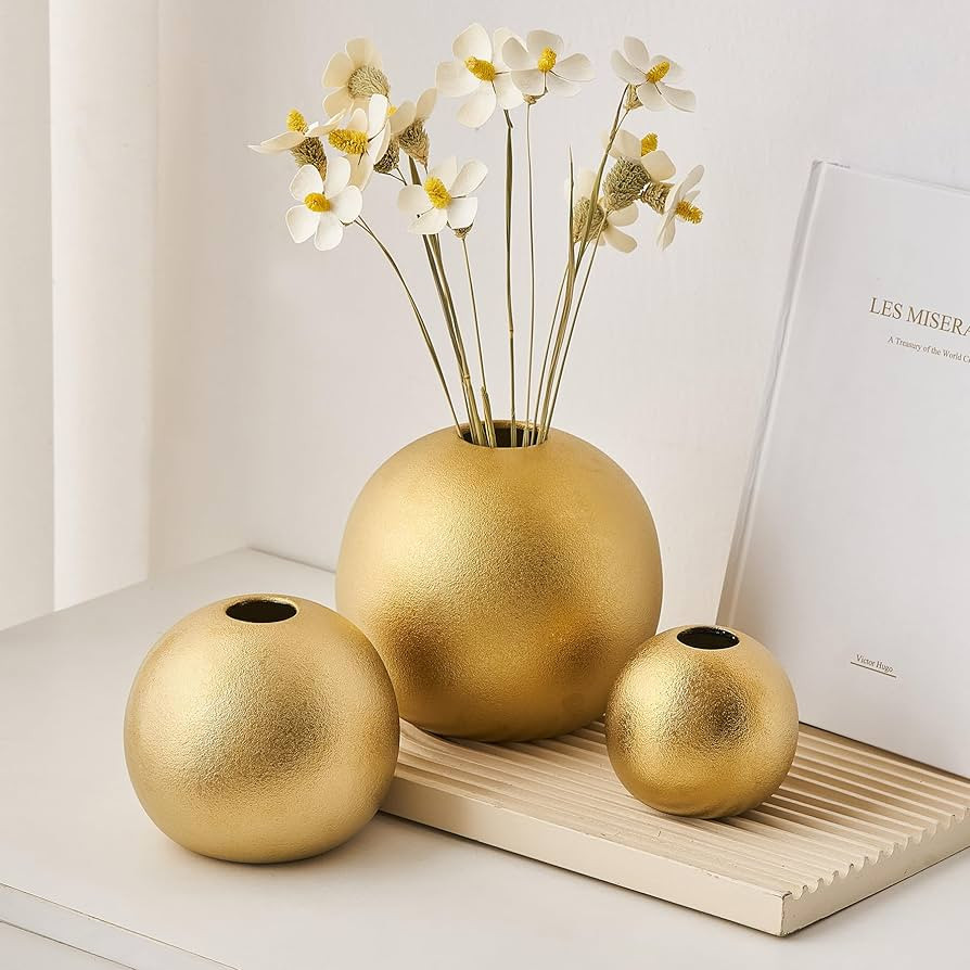 Gold Vase Ceramic Vase Set of 3, Modern Vases for Decor, Gold Vases Home Decor, Round Decorative ... | Amazon (US)