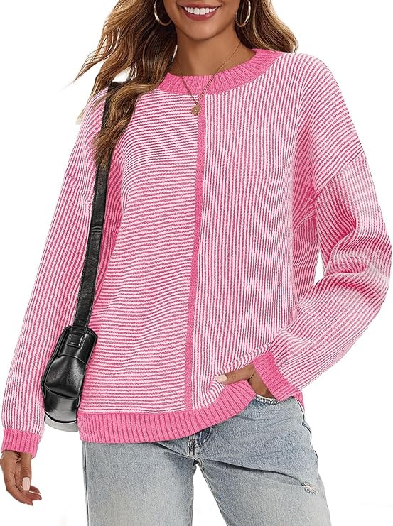 Saodimallsu Womens Striped Sweaters Oversized Winter Crew Neck Long Sleeve Ribbed Knit Trendy Pul... | Amazon (US)