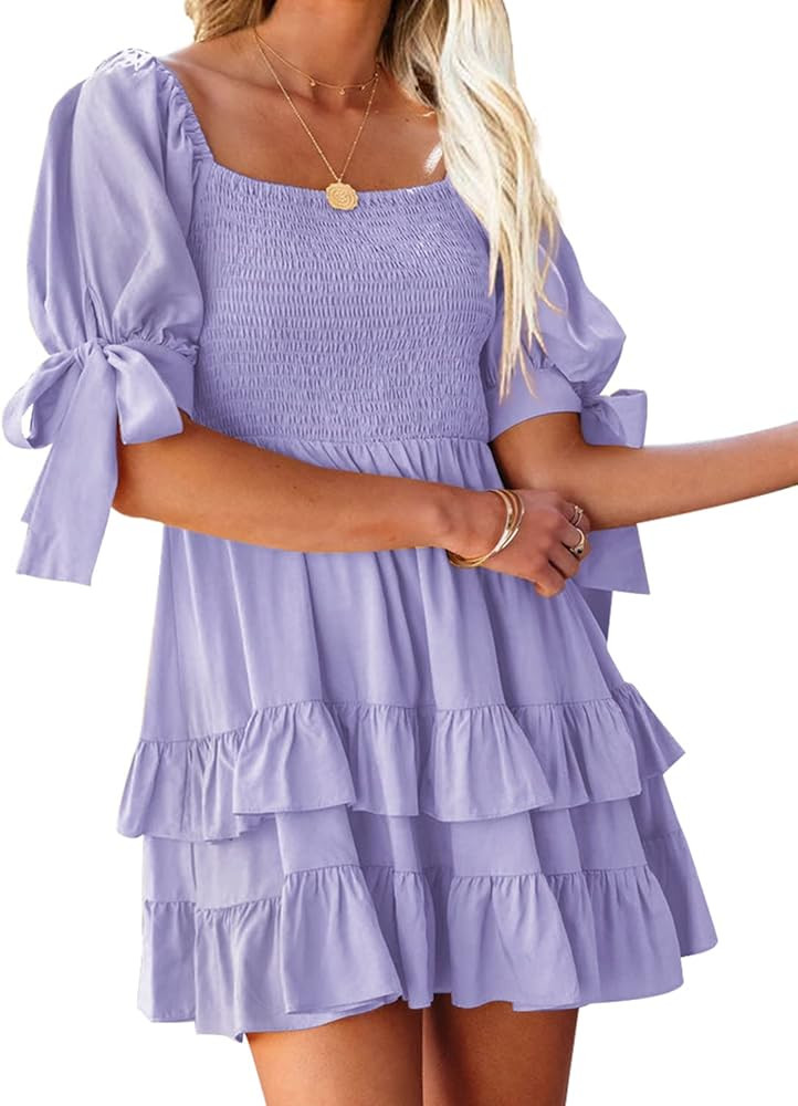 ReachMe Womens Summer Square Neck Puff Sleeve Bowtie Dress Smocked Ruffle Tiered Mini Dresses Lay... | Amazon (US)