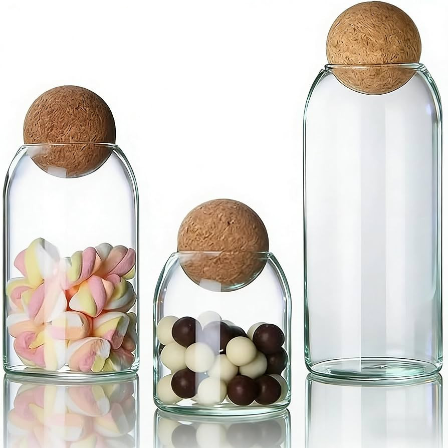 Glass Storage Jars with Ball Cork Lids - 3 Pcs Set, Decorative Round Glass Canisters, Wood Ball L... | Amazon (US)