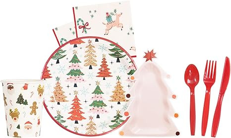 140 PCS Christmas Plates Disposable Party Set, Xmas Tree & Character Pink Decoration Dinnerware S... | Amazon (US)