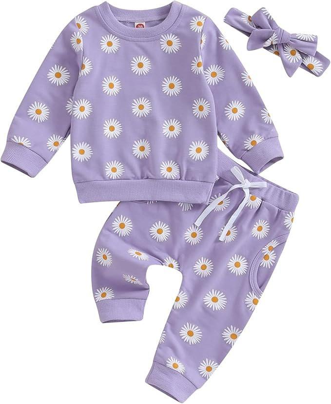 3Pcs Baby Girl Outfits Daisy Sweatshirt + Pants + Headband Infant Fall Winter Clothes | Amazon (US)