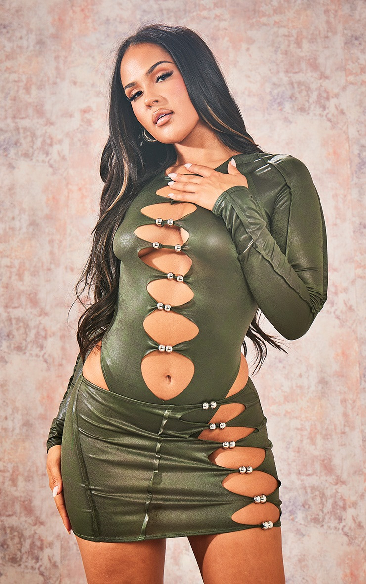 Dark Khaki Disco Cut Out Silver Detail Bodysuit | PrettyLittleThing UK