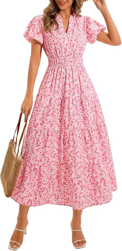 Wenrine Womens Summer Floral Maxi Dress Casual V Neck Puff Short Sleeve Smocked Loose Boho Beach ... | Amazon (US)