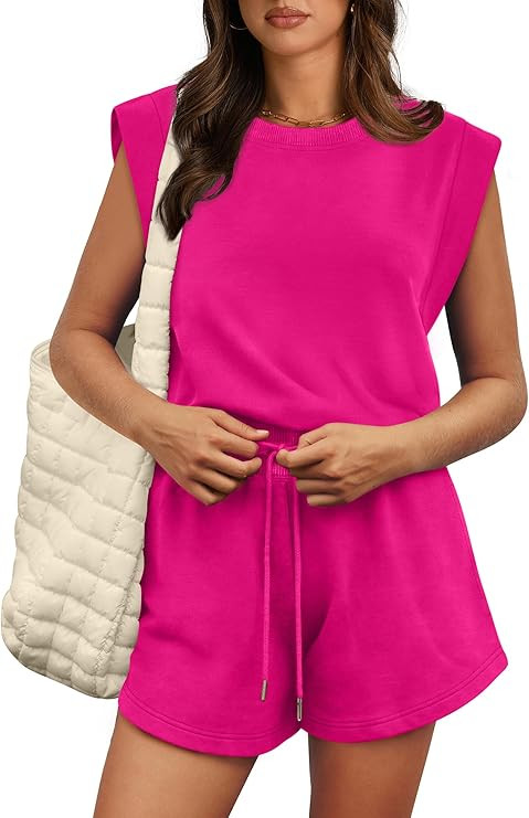 OFEEFAN Rompers for Women Summer Cap Sleeve Adjustable Drawstring Waistband Crewneck Casual Outfi... | Amazon (US)