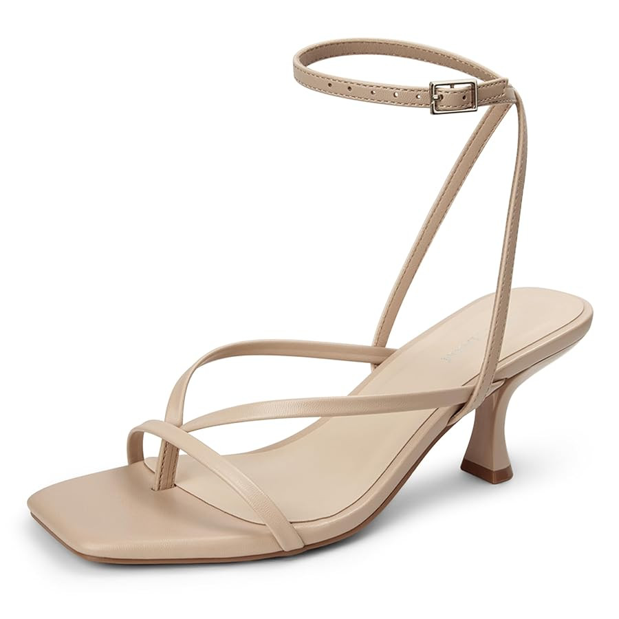 Women's Kitten Heel Strappy Open Square Toe Thong Ankle Strap Heels for Wedding | Amazon (US)