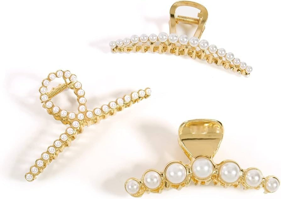 Gold Pearl Hair Clips For Women Girls Big Claw Clips For Hair Claw Clips For Thick Hair Jumbo Cla... | Amazon (US)