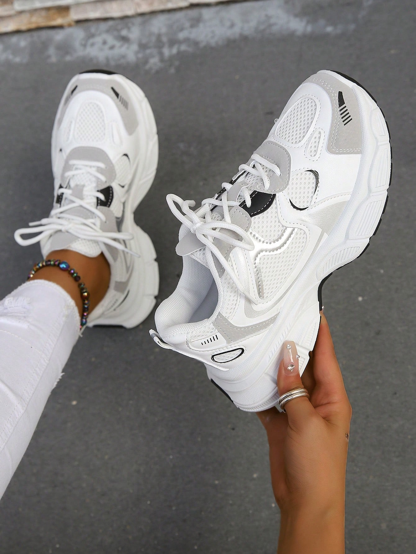 Women's Fashionable Round Toe Lace-Up Color Block Casual Chunky Sneakers With Wedge Heel | SHEIN