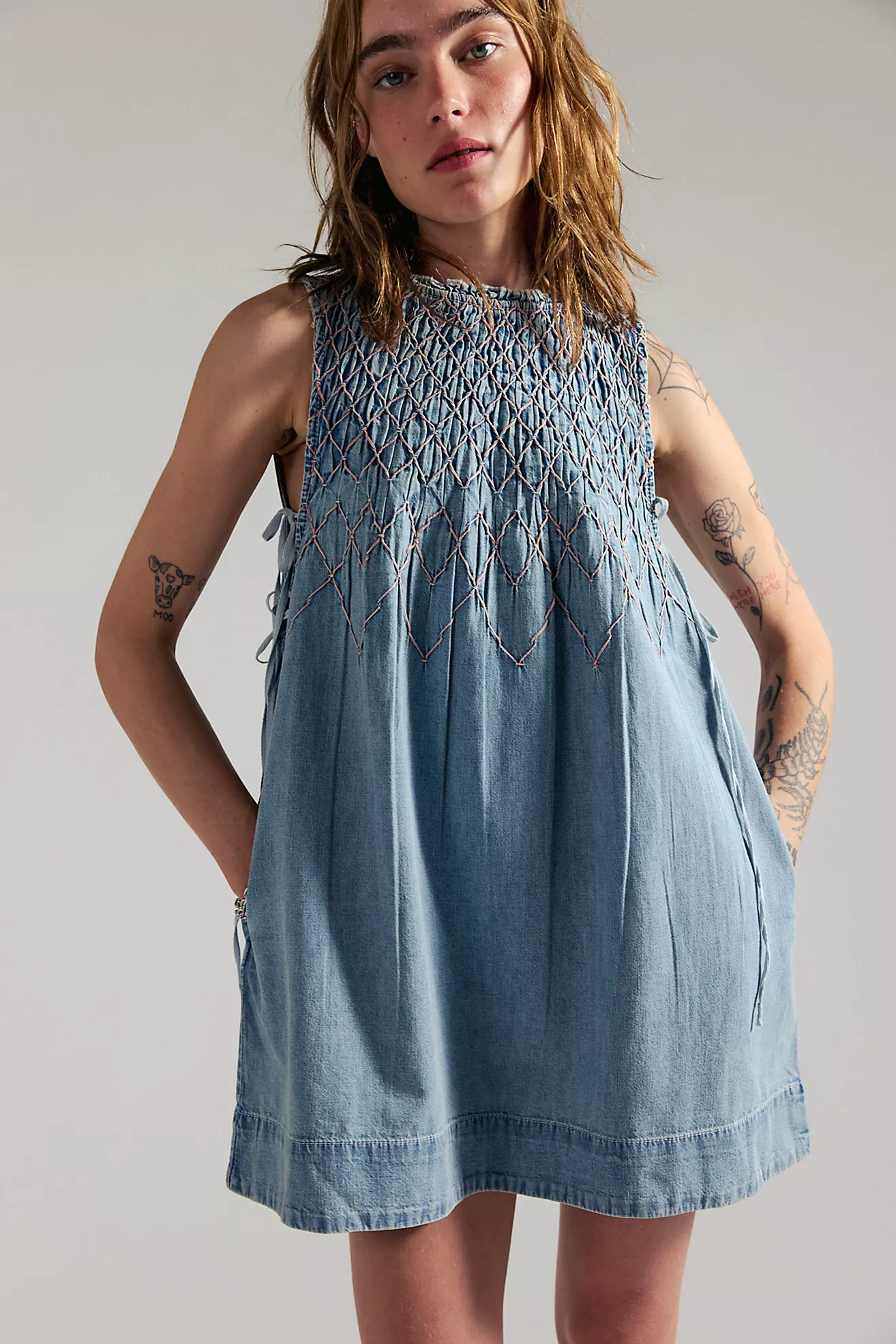 Maisie Smocked Denim Mini Dress | Free People (Global - UK&FR Excluded)