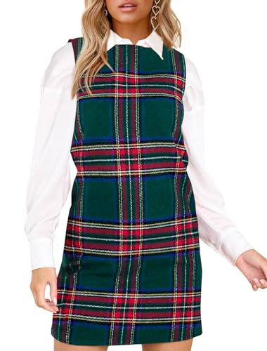 Fisoew Women's Plaid Christmas Dress Mini Sleeveless Round Neck A Line Short Xmas Party Dresses | Amazon (US)